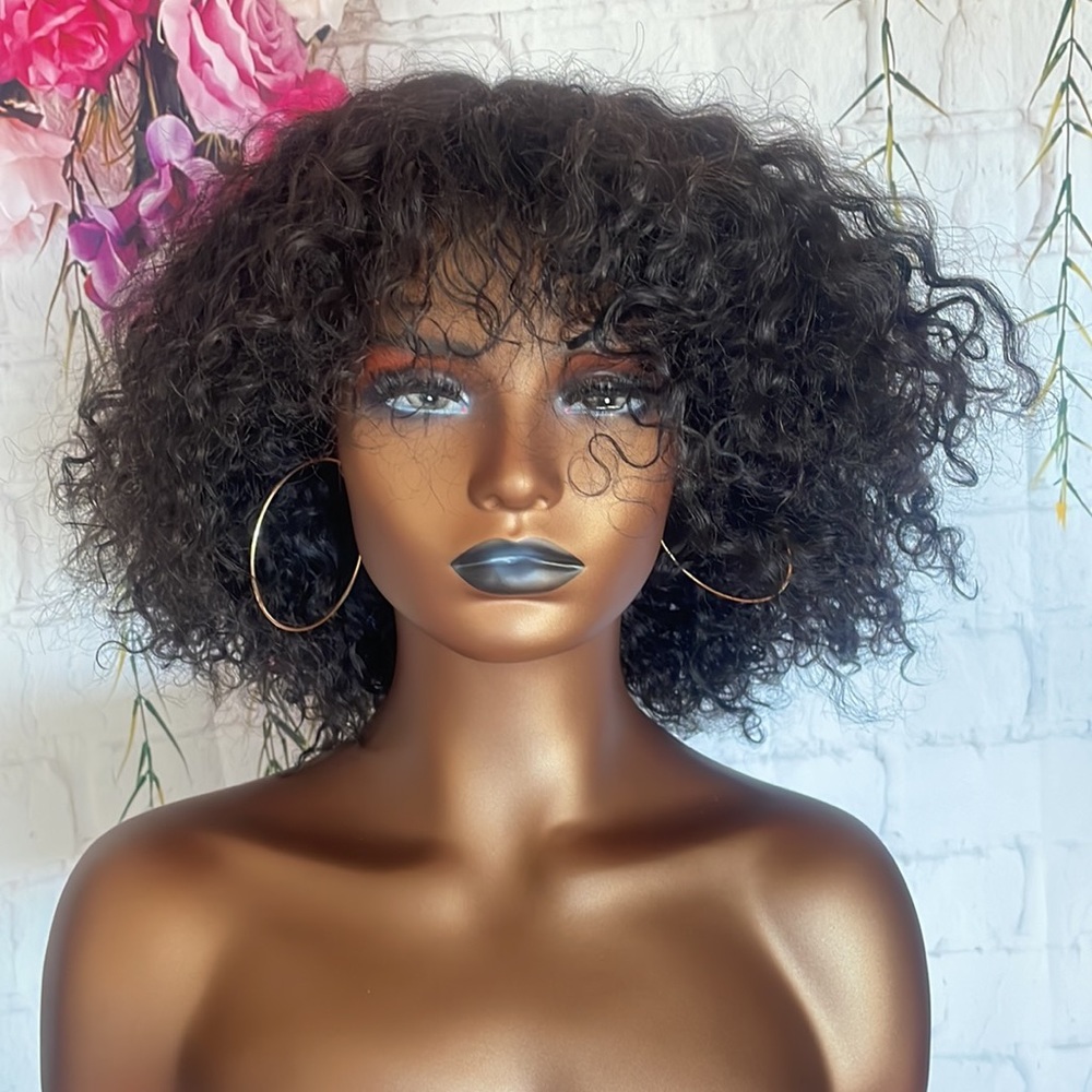 💕 12” HUMAN HAIR SHORT Curly Wig With Bangs FULL CAP WITH BAND & lace top *NEW*